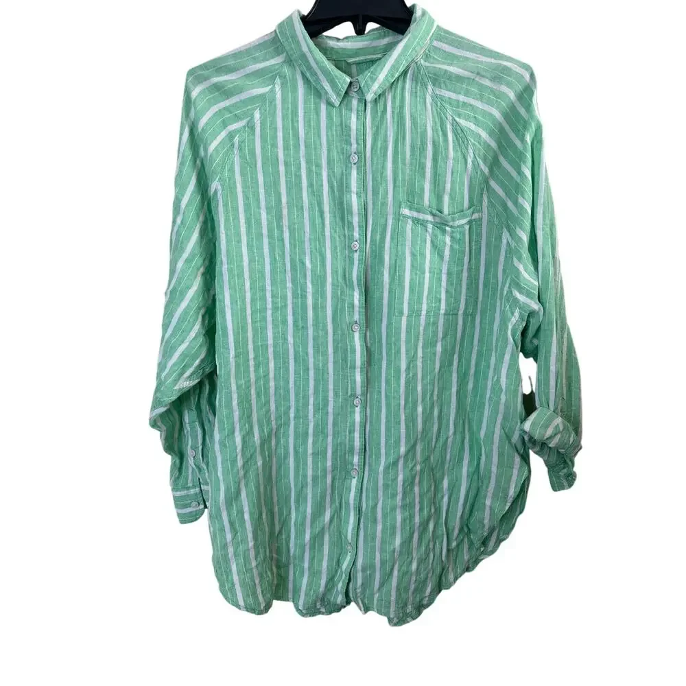 Aerie green and white striped linen blend button-down cover-up shirt M K - Picture 1 of 5